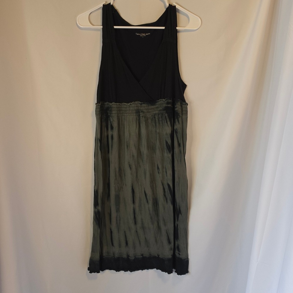Calvin Klein Jeans Tie Dye Smocked Dress Large Black Olive Boho Grunge